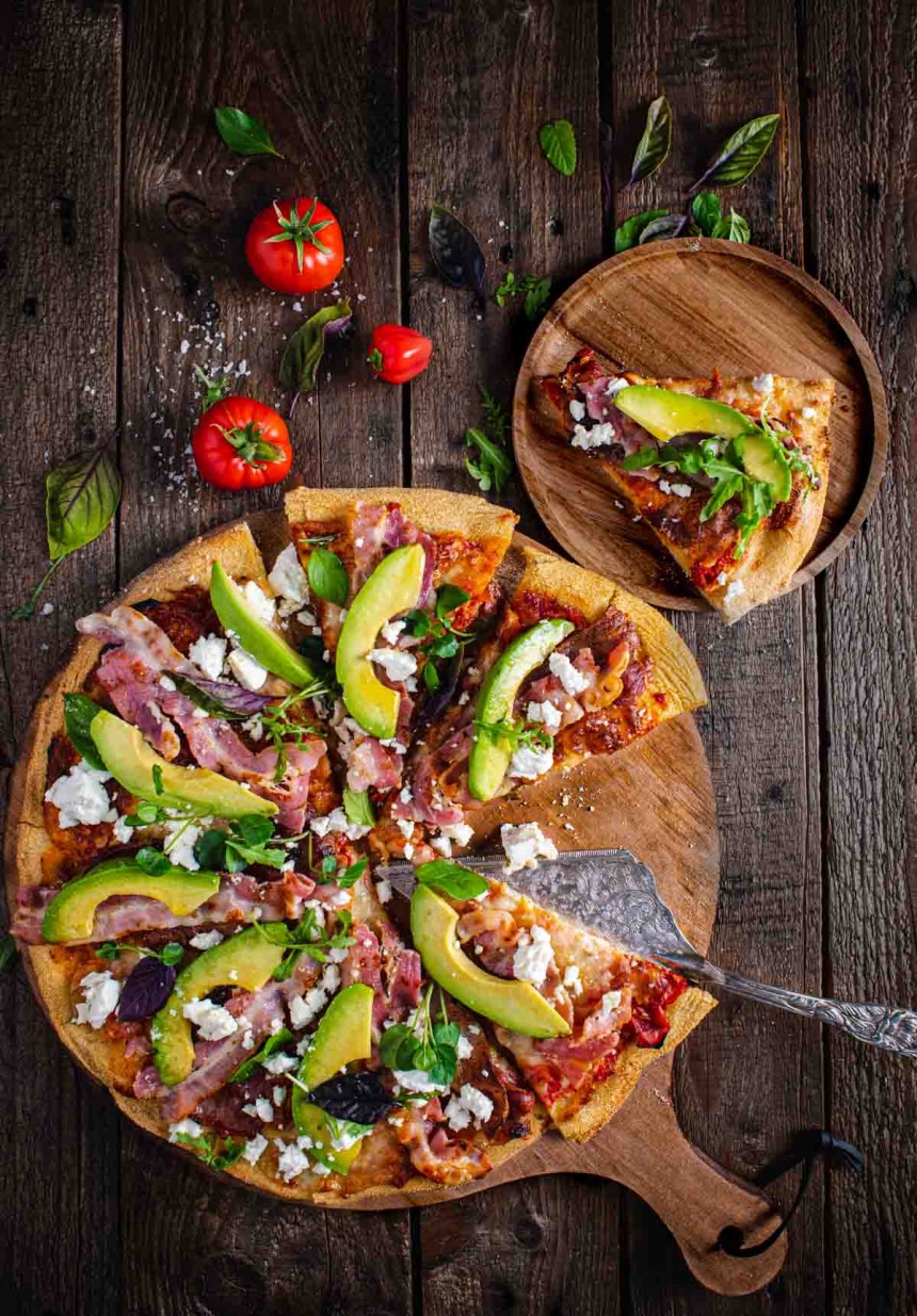Bacon pizza with feta and avocado
