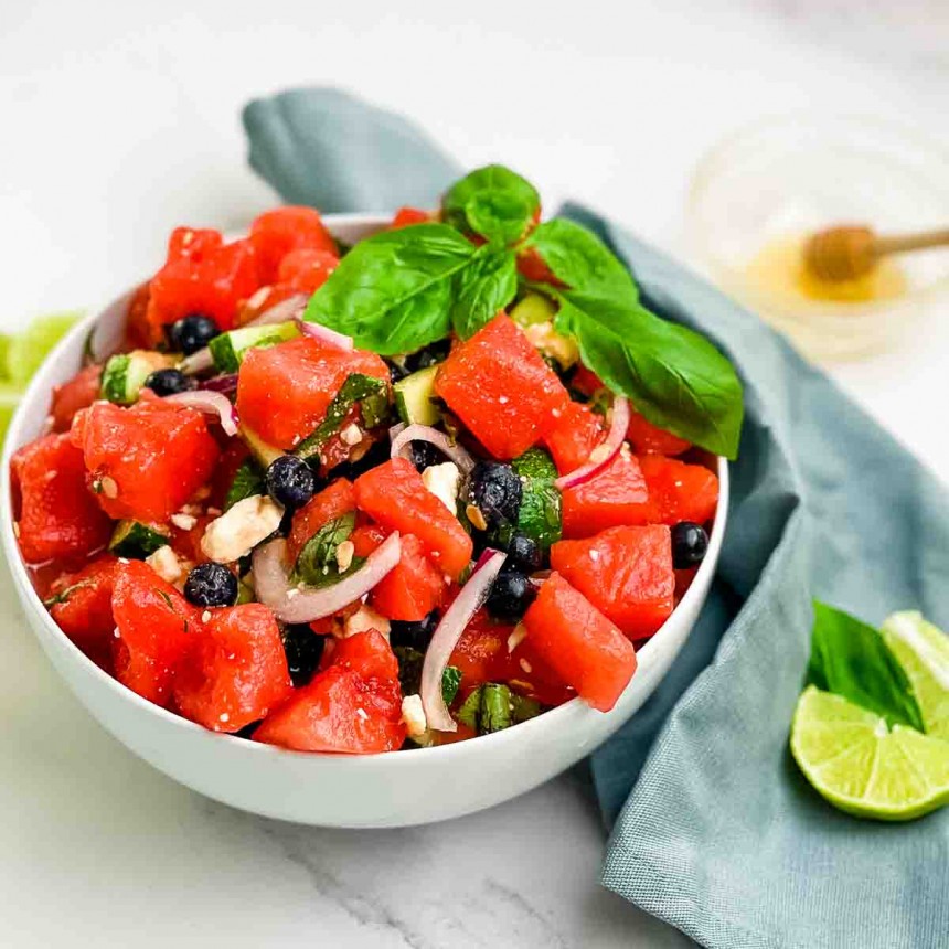 Easy Watermelon Basil Salad with Feta and Honey Glaze