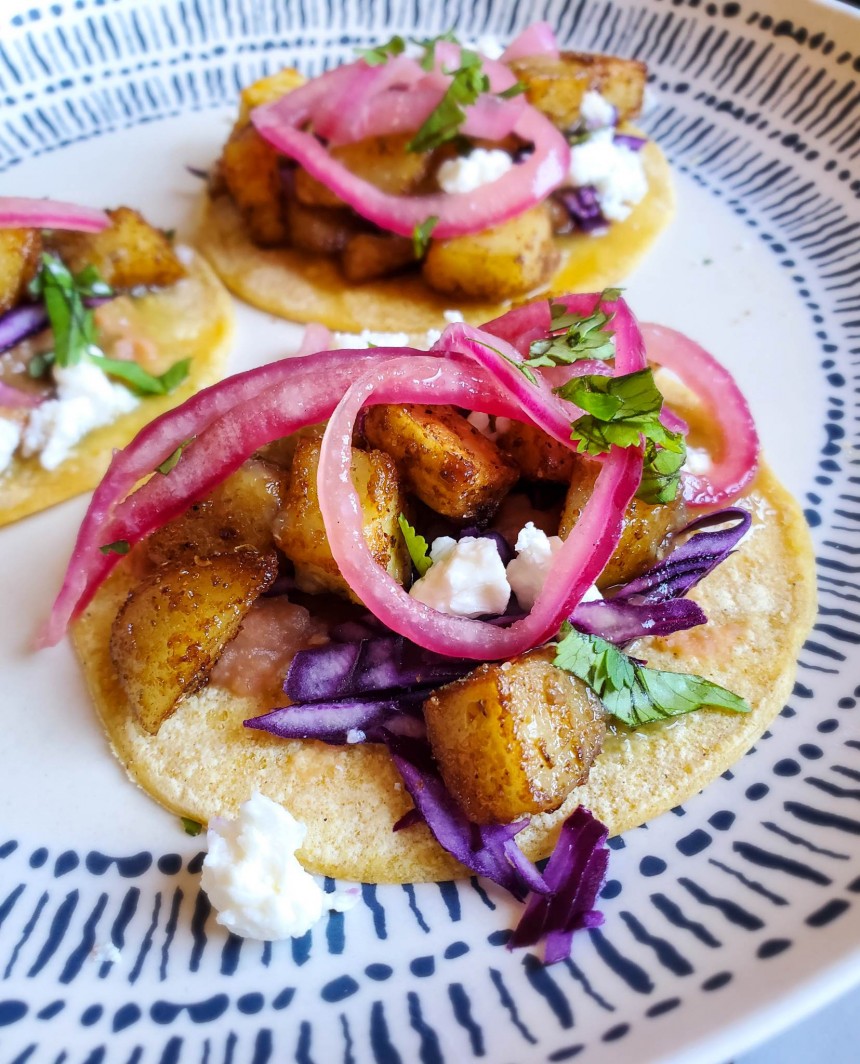 Crispy Potato Tacos with Pickled Onions