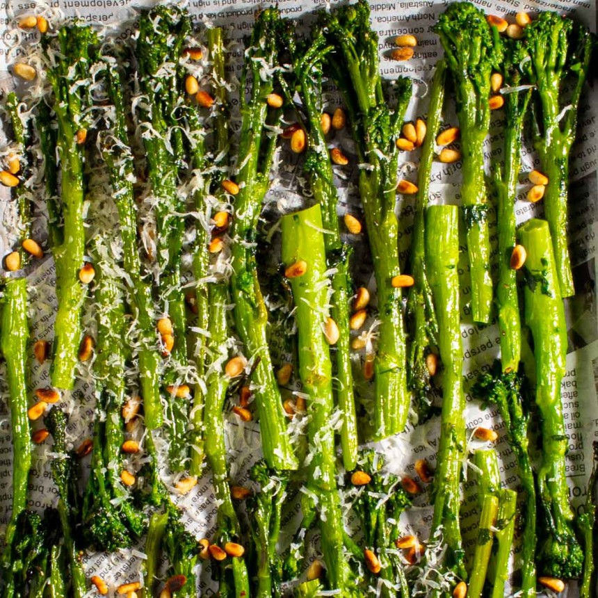 Roasted tenderstem broccoli with parmesan and toasted pine nuts