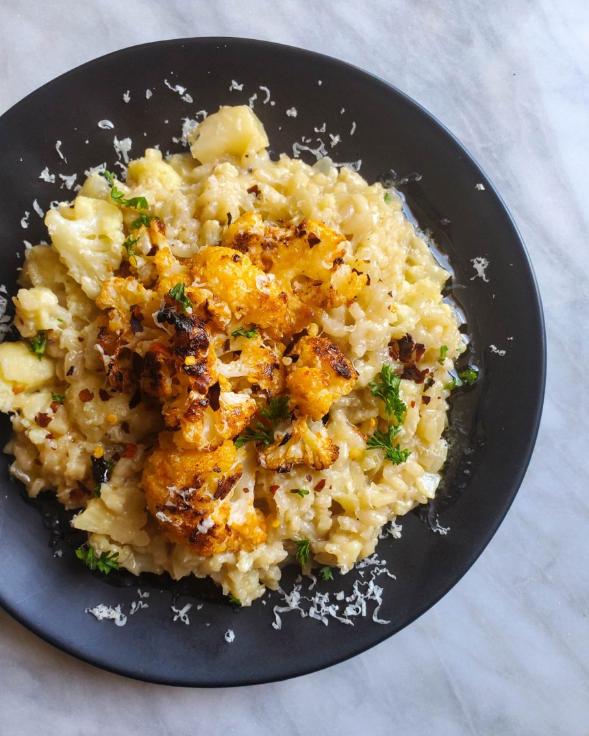 Cheesy Cauliflower Risotto with Roasted Calabrian Chili Florets