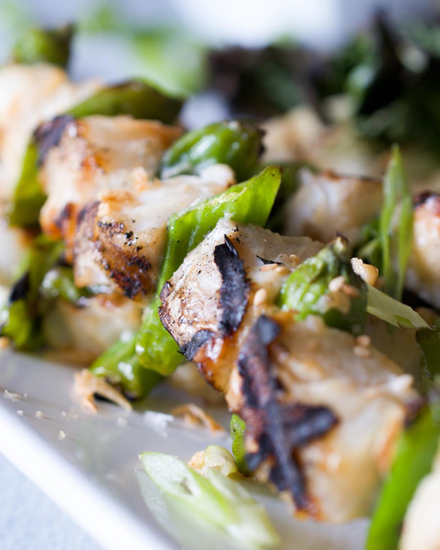 Grilled Miso Fish Skewers with Shishito Peppers + Baby Bok Choy