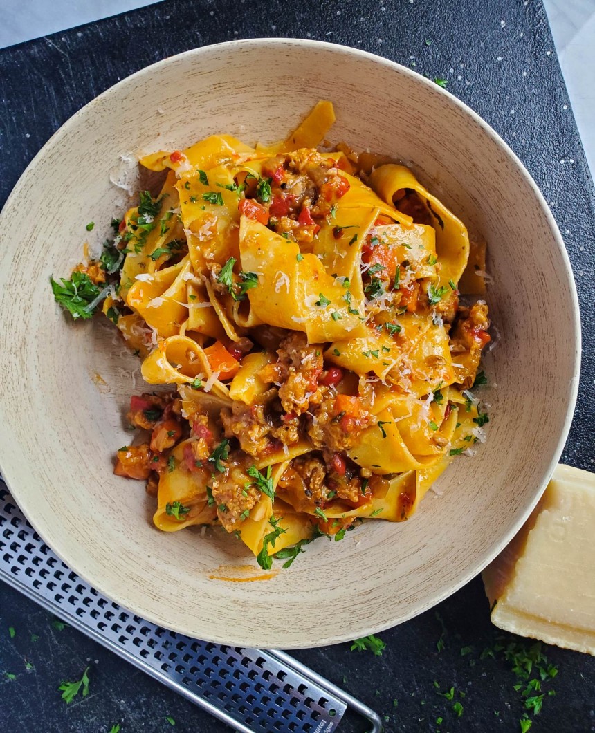 Sausage & Roasted Red Pepper Pappardelle Bolognese