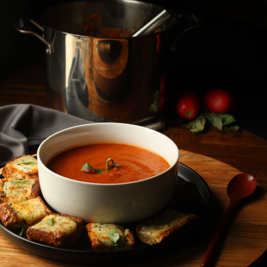 Roasted Tomato Basil and Red Pepper Soup with Cheesy Garlic Bread.