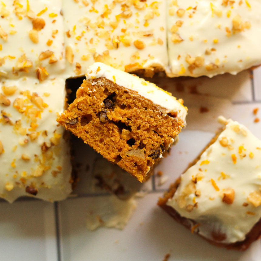 Pumpkin Cake Squares with Orange Cream Cheese Frosting