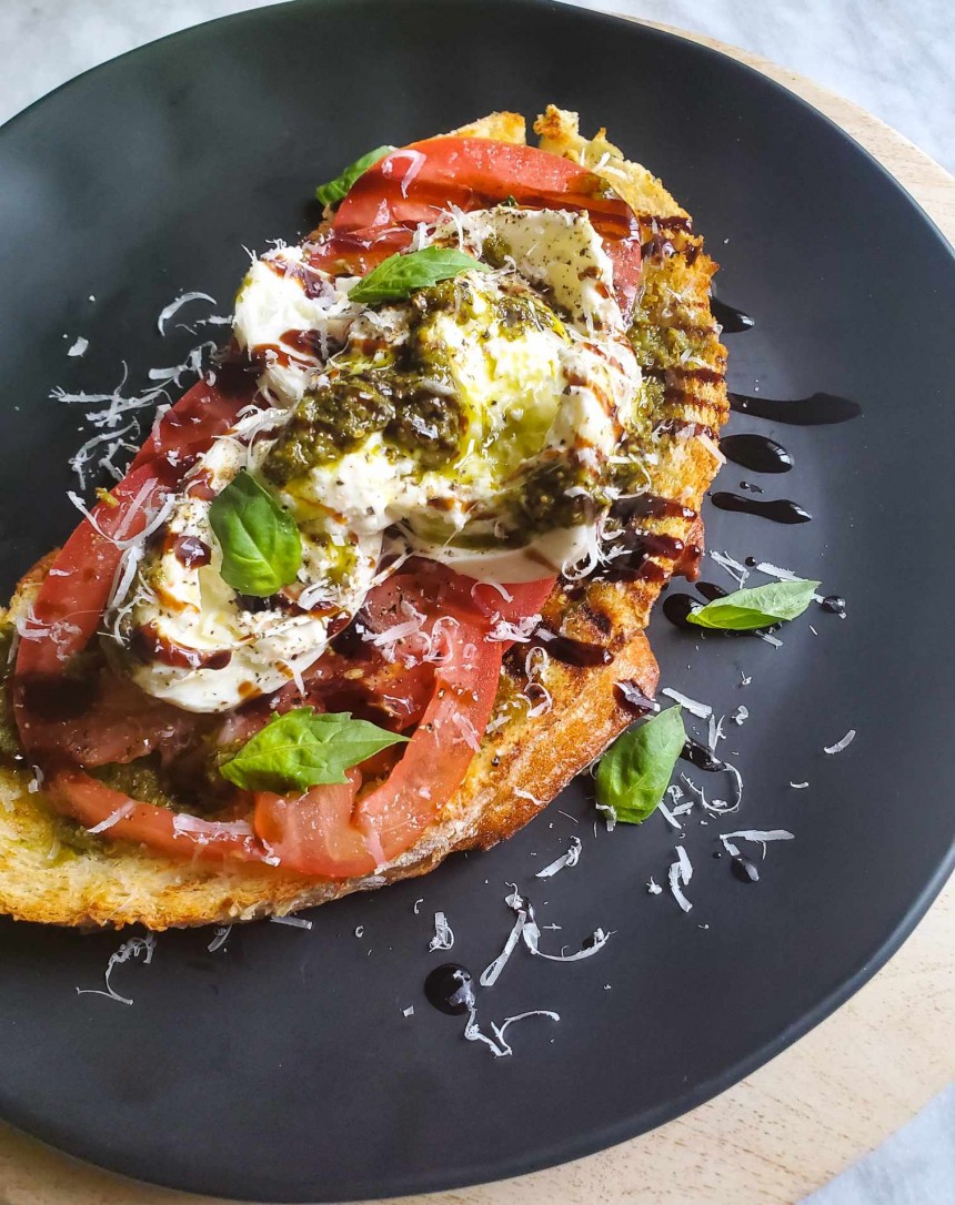 Grilled Sourdough with Pesto, Tomatoes,...