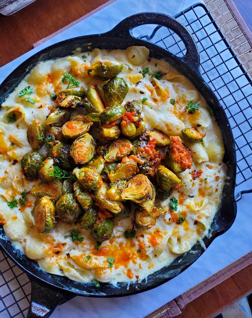 Cheesy Skillet Shells with Calabrian Chili Pesto Roasted Brussel Sprouts