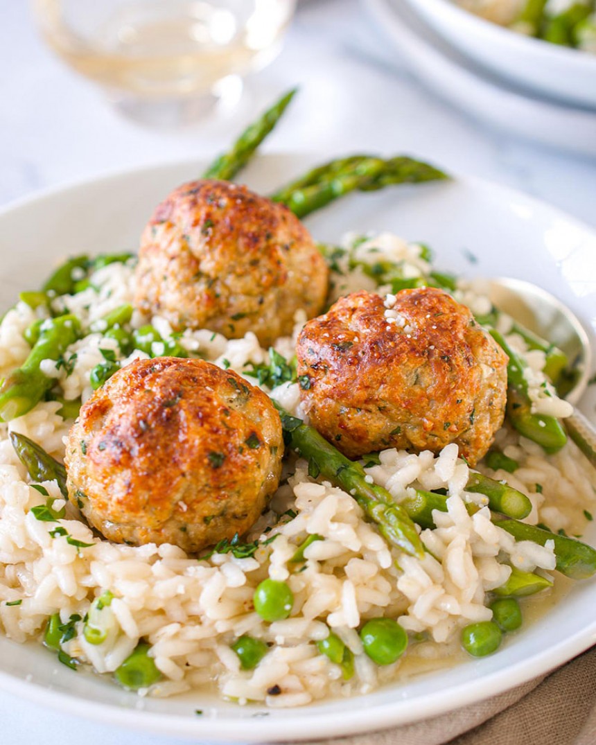 Spring Vegetable Risotto with Chicken Meatballs