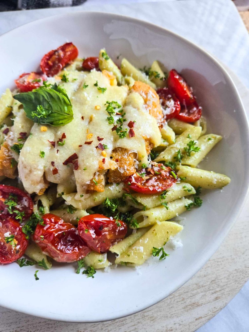 Pesto Penne with Roasted Toms & Cheesy C...