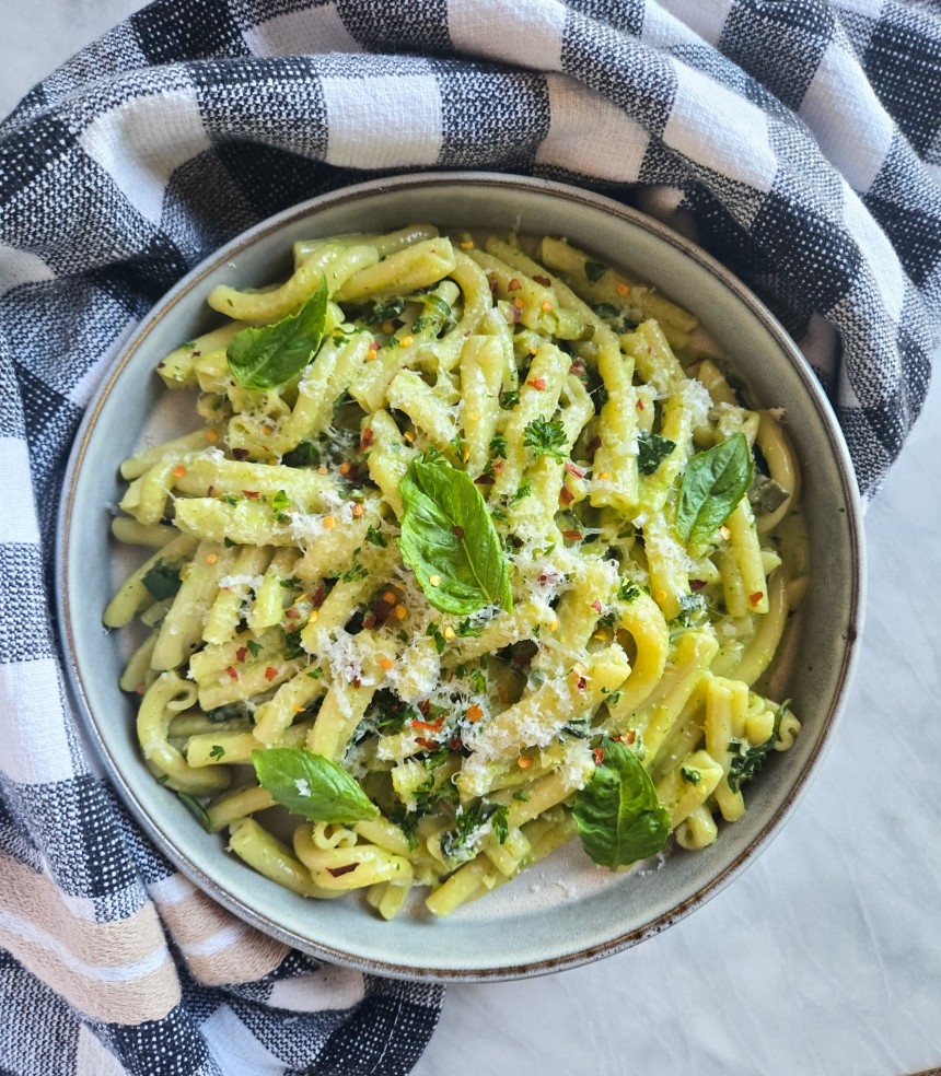 Creamy Pesto Casarecce with Spinach