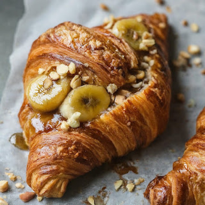 Sticky Banana Croissants with Crushed Nu...