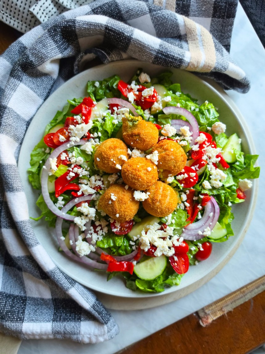 Greek Salad with Spinach Artichoke Bites